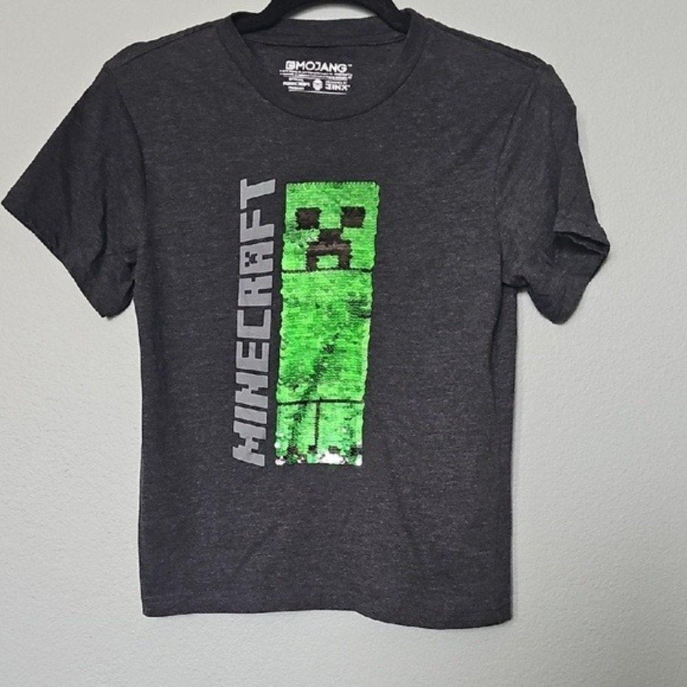 Mojang Minecraft Reversible Sequin Charcoal Gray Creeper Short Sleeve Tee Small